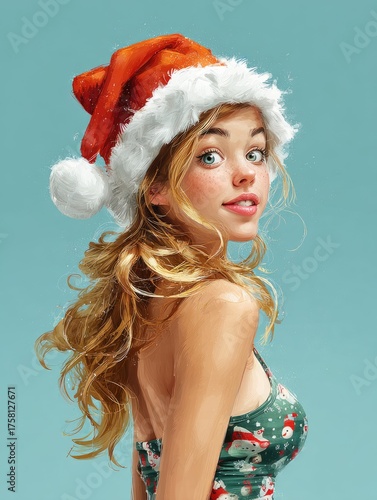 Blonde Girl in Santa Hat Smiling Generative AI