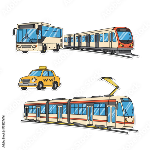 Various modes of transportation are displayed, including a bus, train, taxi, and tram.