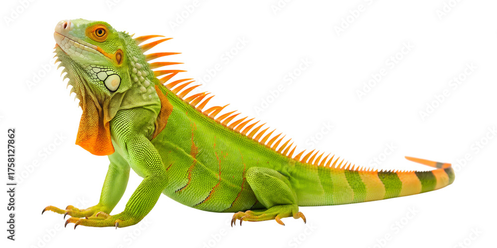 Obraz premium A detailed green iguana stands alert, looking up, showing its vibrant orange spines and dewlap. Transparent background png isolated.