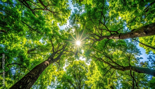 Looking Up Through Lush Green Forest Canopy Towards Bright Sunburst Sunlight Shining Through Tree Leaves On Clear Blue Sky Day