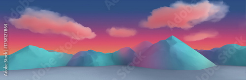 A tranquil pastel mountain landscape at sunset, featuring soft geometric shapes and clouds that evoke calmness and serenity.