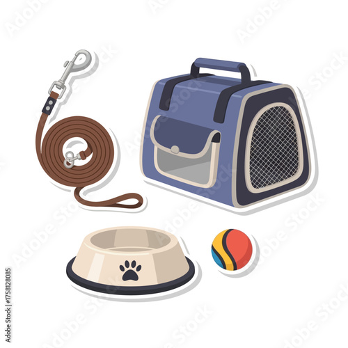 Illustration of pet accessories including a carrier, leash, bowl, and ball.
