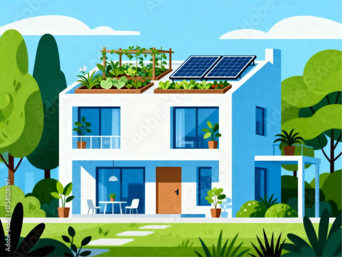 Eco-Friendly Home with Solar Panels and Rooftop Garden Illustration
