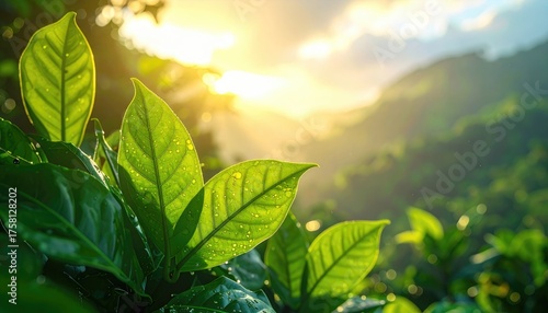 Lush Green Leaves Bathed in Golden Sunlight with Misty Mountains in the Background