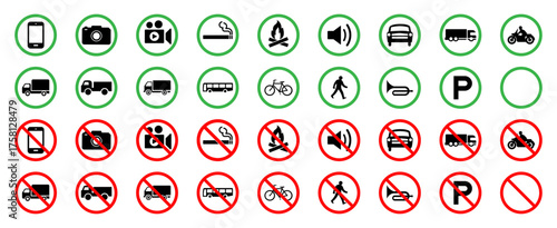 Vector set of allowed and prohibited actions with green and red circular signs. Includes icons for transport, parking, smoking, mobile use, and walking. Perfect for safety and regulation signage.