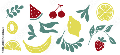 Flat vector illustration of assorted fruits and leaves on transparent background. Features watermelon, lemon, kiwi, banana, cherries, and strawberry in a clean, modern minimalist style