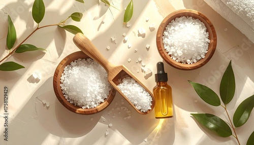 Natural Spa Relaxation With Coarse Sea Salt In Wooden Bowls And Essential Oil Dropper Surrounded By Green Leaves And Soft Sunlight