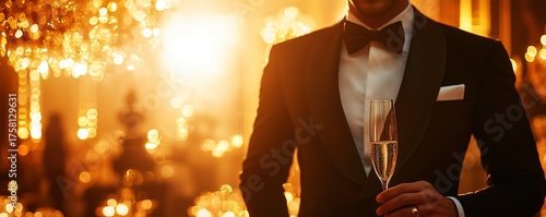 Luxury Black Tie Event, crisp tuxedo, a crystal champagne flute, and golden lighting reflecting off a grand ballroom.