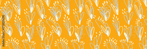 Seamless vector pattern with scribble style hearts and dotted accents in pale blue and cream on a warm golden yellow background. Ideal for textiles, stationery, packaging, and surface design.