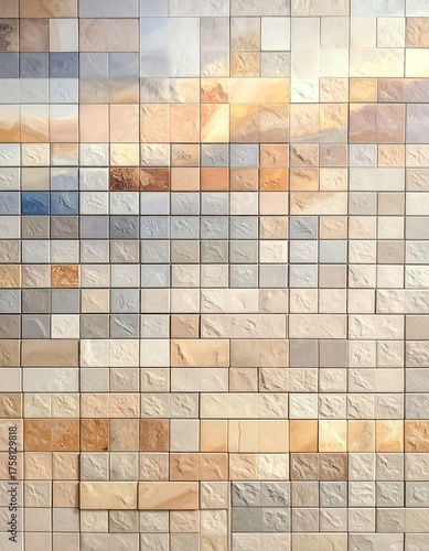 Textured wall of small multi-toned rectangular and square tiles