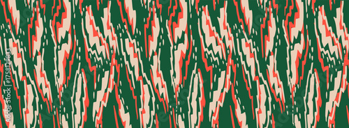 Seamless abstract vector pattern with bold jagged stripes in deep green, coral red and beige tones. Designs for textiles, packaging, wallpapers and trendy modern backgrounds