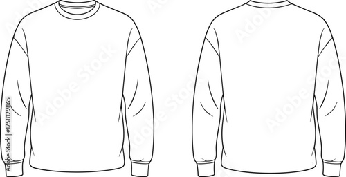 CAD drawing flat vector illustration of plain crewneck sweatshirt front and back view, fashion technical sketch, apparel design template