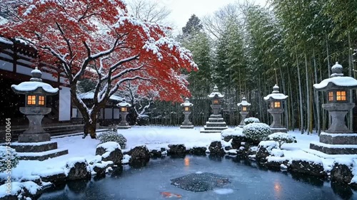 Snow falling in a Japanese garden with a red maple tree