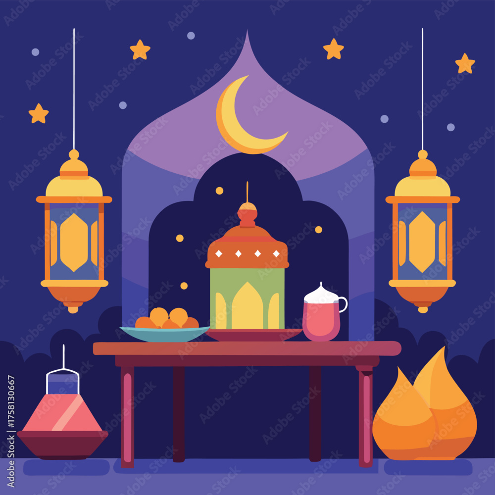 Fototapeta premium ramadan-iftar-gathering-table-with-lantern-decor.eps