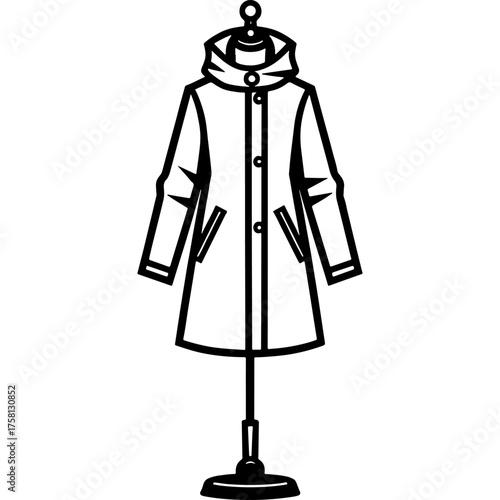 Autumn women coat put on a mannequin on a stand. Engraving minimalistic vector in black ink drawing on transparent background