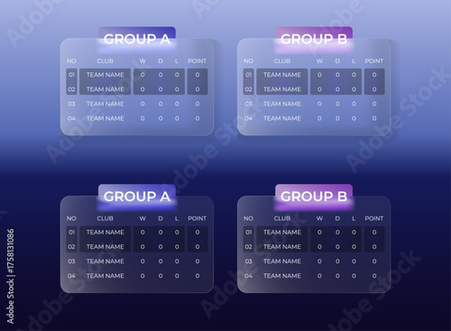 Glassmorphism tournament group leaderboard UI template, modern blue and purple glowing scoreboard interface for game or esports layout.