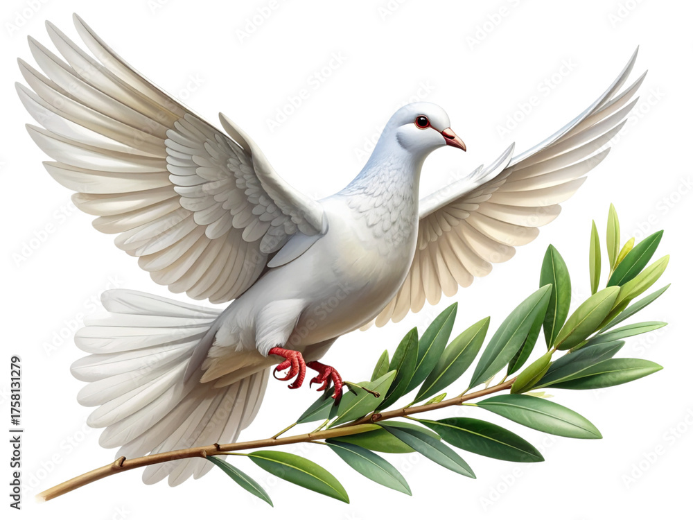 Obraz premium Symbol of peace single white dove with olive branch flying gracefully bird symbolism hope isolated on transparent background