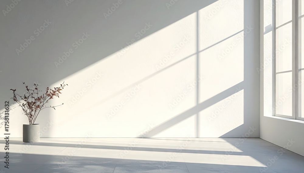 Obraz premium Sunlight streams across a minimalist interior, illuminating a bare room with a potted plant.