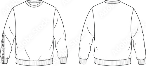 Sweatshirt flat sketch, front and back view, crew neck design, fashion illustration, garment template, apparel vector, clothing mockup
