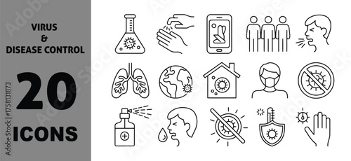 Vector art of set of 20 virus and disease control icons