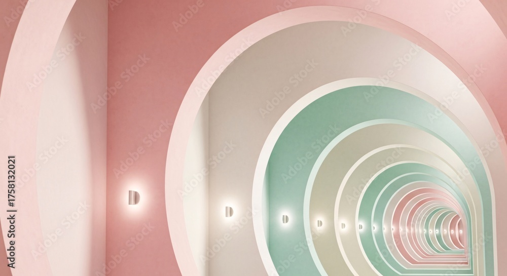 Obraz premium Infinite Archway Pastel-Colored Tunnels Creating Illusion of Depth, Modern Interior Design, Architectural Series