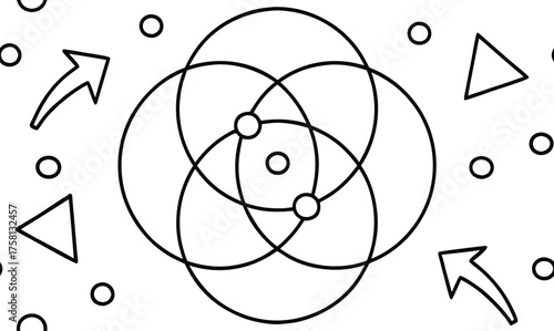 Interlocking circles with arrows and triangles, isolated on white background, symbolizing inter disconnectedness, direction, and geometric harmony in a balanced composition