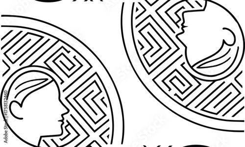 A maze of minds two profiles intertwined in intricate labyrinths, isolated on white background, symbolizing complex thoughts and the search for inner understanding