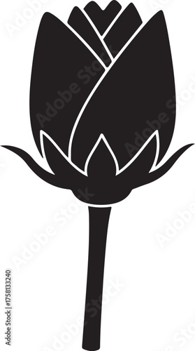 Black silhouette of a closed rose bud on a white background