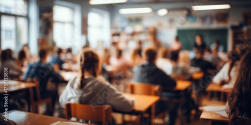 Wallpaper Mural Blurred Classroom Scene with Students Sitting at Desks Attending a Lesson in a Bright Educational Environment Torontodigital.ca