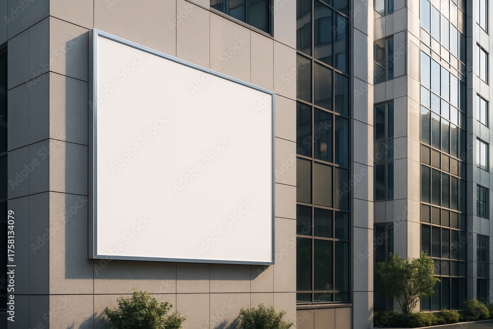 Obraz premium Blank billboard on modern building facade with clean design and urban architecture surrounded by windows and trees at sunset. Ai generative. Ai generative