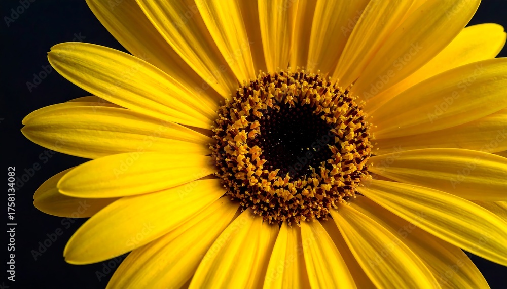 Obraz premium Close-up of a vibrant sunflower. Detailed view of yellow petals radiating from a dark, textured center against a deep black background
