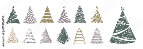 Christmas tree hand-drawn illustrations on white.	
