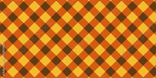 Checkered picnic plaid background. Gingham pattern in diagonal arrangement. Halloween or Thanksgiving Day print. Tablecloth, blanket, basket napkin or towel fabric texture. Modern Vector