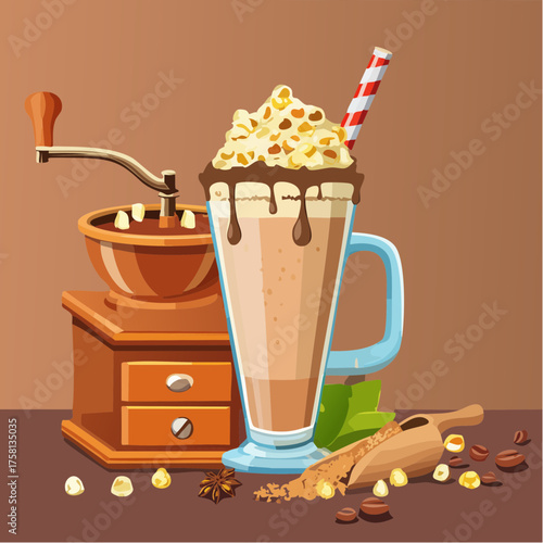 Sweet Milkshake with caramel syrup, cream liqueur, caramel popcorn and chocolate powder on brown background with vintage, manual coffee grinder.