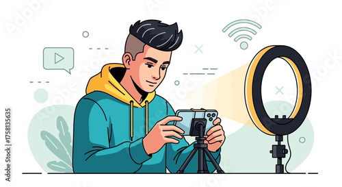 A young man creating online video content with a smartphone, tripod, and ring light, illustrating modern digital media production.