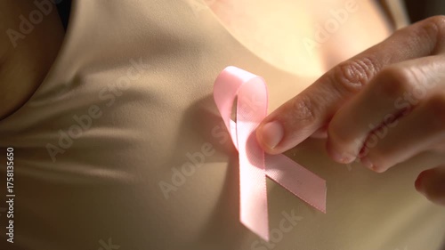 Sharp focus on pink satin awareness ribbon attached to clothing with hand contact, representing hope during breast cancer awareness month.