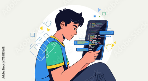 Illustration of a young man programming on a digital tablet while using a smartphone, representing modern tech education.