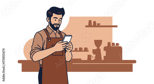 A bearded barista in an apron uses his smartphone while standing in a coffee shop with brewing equipment in the background.