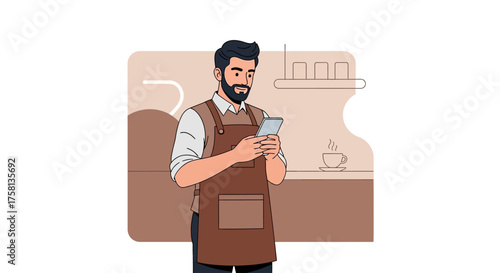 A barista wearing an apron is looking at a smartphone in a coffee shop setting.