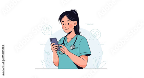 Illustration of a veterinarian using a smartphone with pet icons in the background.