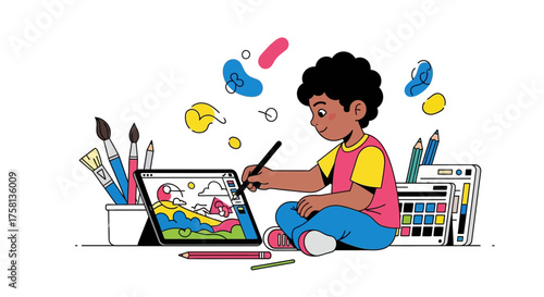A young boy is sitting cross-legged and drawing on a tablet with a stylus, surrounded by art supplies.