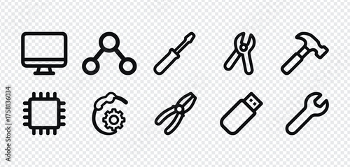 Collection of technology and repair icons on a light background