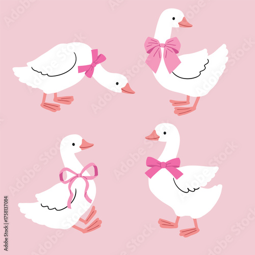 Set of cute vector goose with bow. Hand drawn white geese characters on isolated background. Perfect for sticker, tee shirt logo, greeting card, poster or nursery print design.