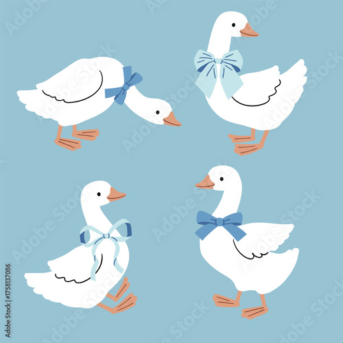 Set of cute vector goose with bow. Hand drawn white geese characters on isolated background. Perfect for sticker, tee shirt logo, greeting card, poster or nursery print design.