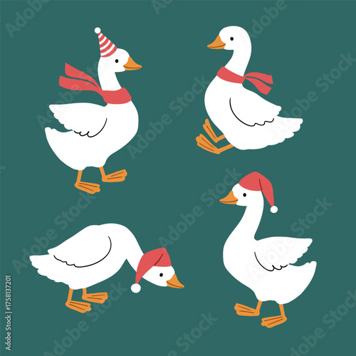 Set of cute vector Christmas goose with hat and scarf. Hand drawn white geese characters on isolated background. Perfect for sticker, tee shirt logo, greeting card, poster or nursery print design.