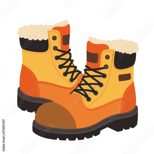 A pair of sturdy orange and yellow winter boots, perfect for outdoor adventures and cold weather protection, designed with comfort.