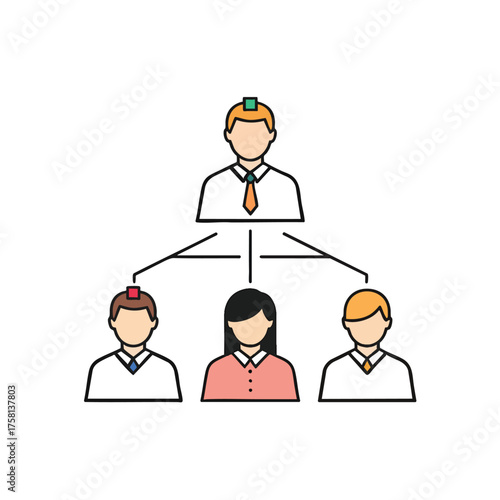 Colorful line art icon of a business organizational chart showing a manager leading a team.