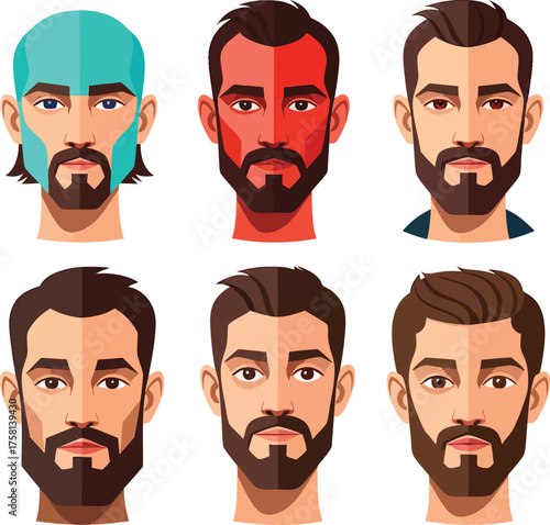 Set of six stylized vector portraits of a handsome bearded man with different hairstyles.