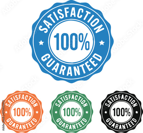 100 percent satisfaction guaranteed seal badge vector icon set scalloped edge circular emblem for quality trust and customer promise