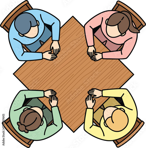 Topdown illustration of four diverse people sitting around a square wooden table for a meeting.